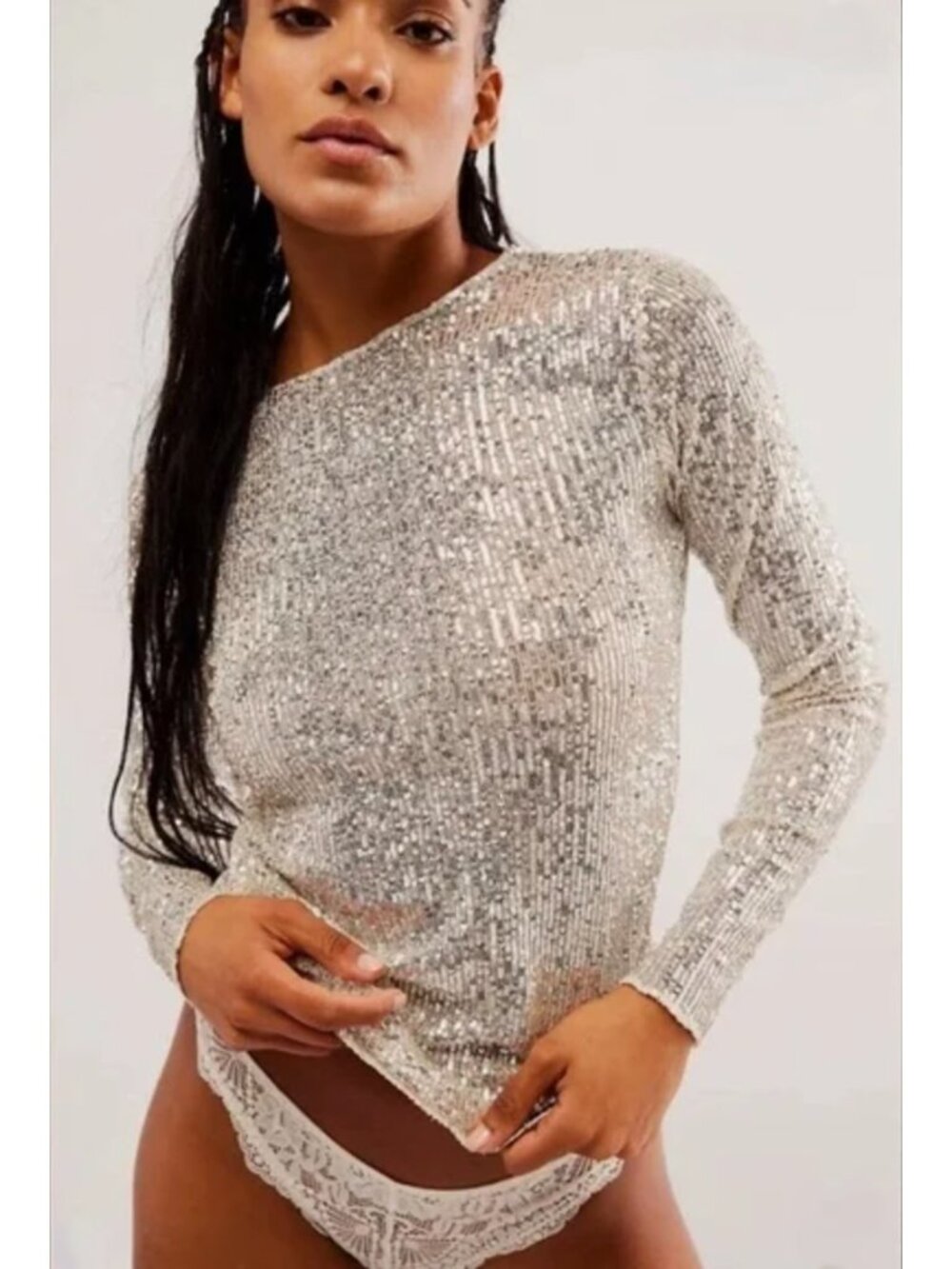 Intimately Free People Silver Sequin Sparkle Long Sleeve Gold Rush Boatneck Top - Picture 6 of 6